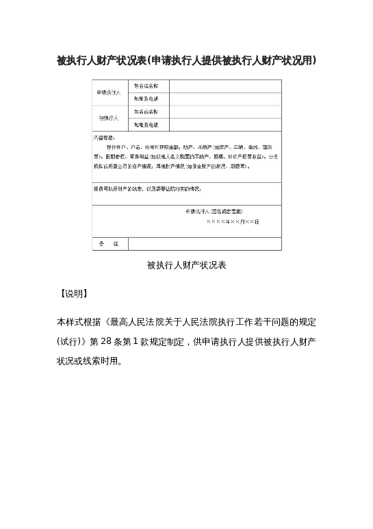 被执行人财产状况表(申请执行人提供被执行人财产状况用)word模板下载