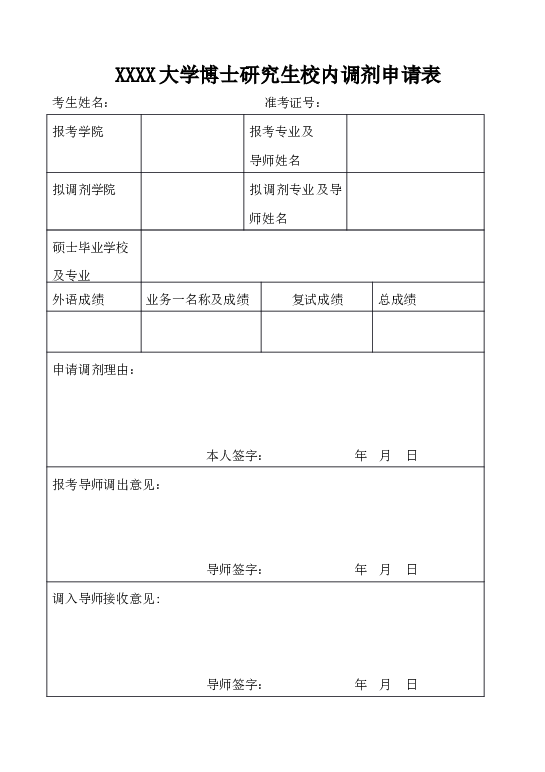 博士研究生校内调剂申请表word模板下载