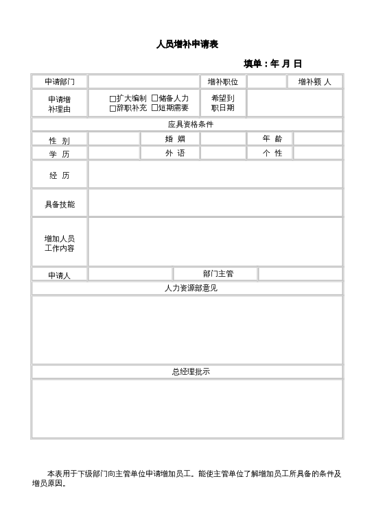 人员增补申请表word模板下载