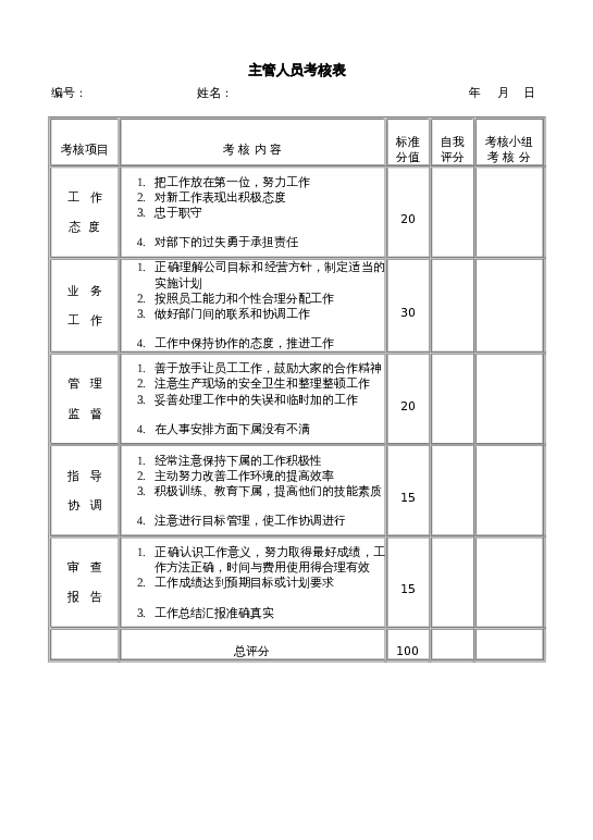主管人员考核表word模板下载