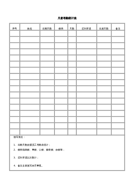 月度考勤统计表word模板下载