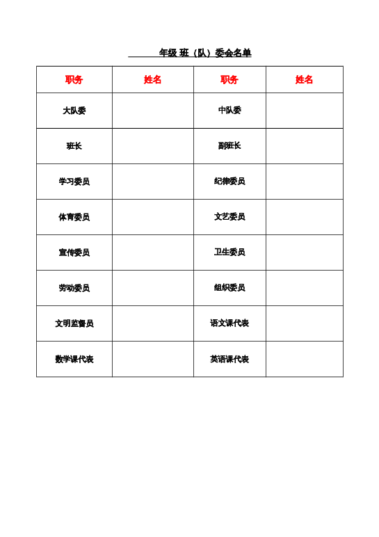 4.班委会名单word模板下载